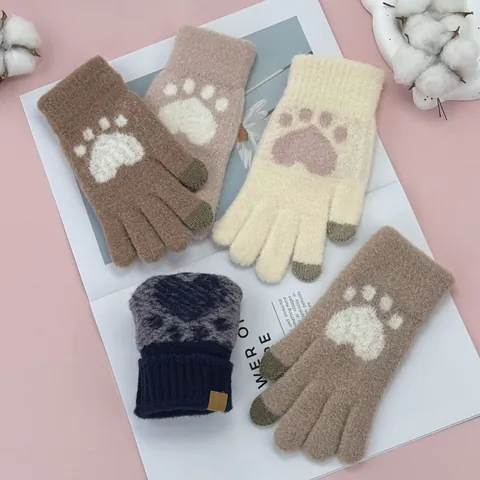 Women Winter Warm Faux Mink Fur Knitted Gloves Cute Cartoon Cat Paw Jacquard Touch Screen Full Finger Mittens Students