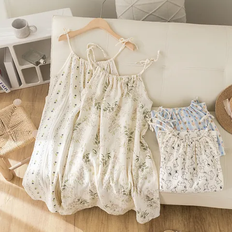 Women Sweet Floral Double Layer Cotton Gauze Strap Nightdress Summer Thin Breathable Sleepwear Home Dress
