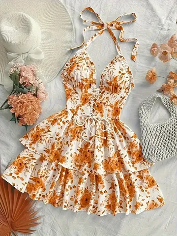 Women's Vintage Vacation Halter Neck Dress Watercolor Rose Floral Print Lace-up Backless A-Line Ruffle Mini Beach Sundress