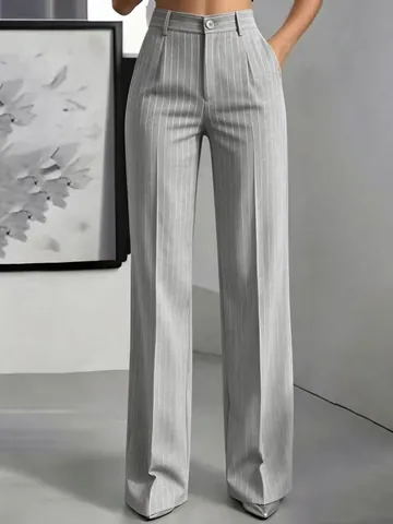 Dames Broek Hoge Taille Wijde Pijpen Verticaal Gestreepte Polyester Elegante Krijtstreep Rechte Pantalon Voor Kantoor