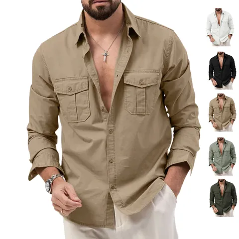 Chemise Casual pour Hommes à Manches Longues Multi-poches Style Cargo Polyester Couleur Unie Vêtement de Travail Rétro