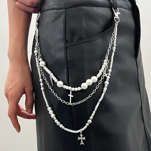 Catena da Vita in Perle Artificiali Multistrato Hip Hop Pendente Croce Gotica Catena per Pantaloni Lega Strass Donna