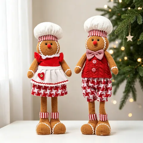 Christmas Gingerbread Man Knitted Plush Doll With Retractable Legs Chef Outfit Standing Ornament Home Window Party Decor