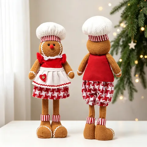Christmas Gingerbread Man Plush Doll Ornament Telescopic Legs Chef Hat Knitted Fabric Desktop Holiday Home Decor