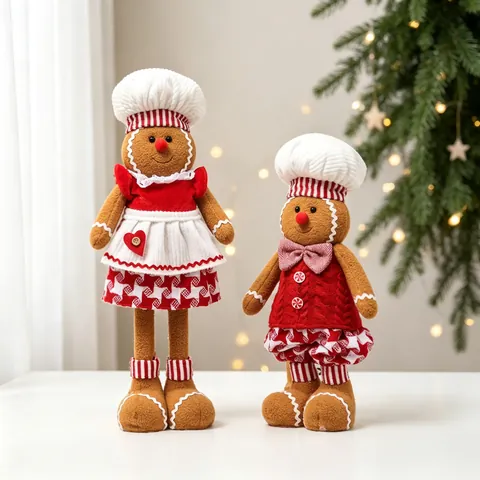 Christmas Gingerbread Man Knitted Plush Doll With Retractable Legs Chef Outfit Standing Ornament Home Window Party Decor
