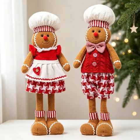 Christmas Gingerbread Man Plush Doll Ornament Telescopic Legs Chef Hat Knitted Fabric Desktop Holiday Home Decor
