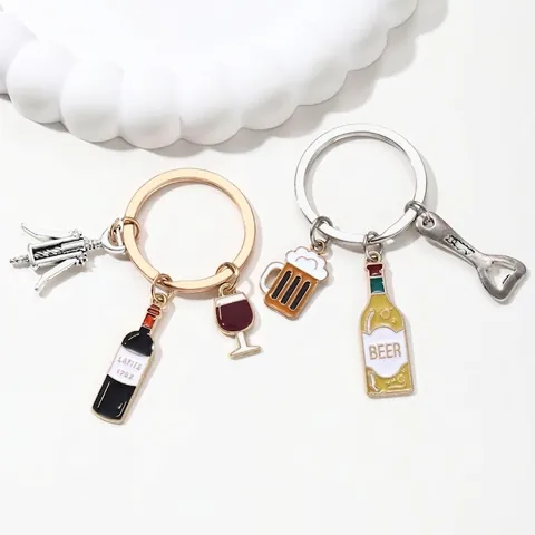 Drink Bottle Keychain Alloy Enamel Wine Glass Beer Mug Bottle Opener Pendant Metal Key Ring Charm Bag Backpack Decoration