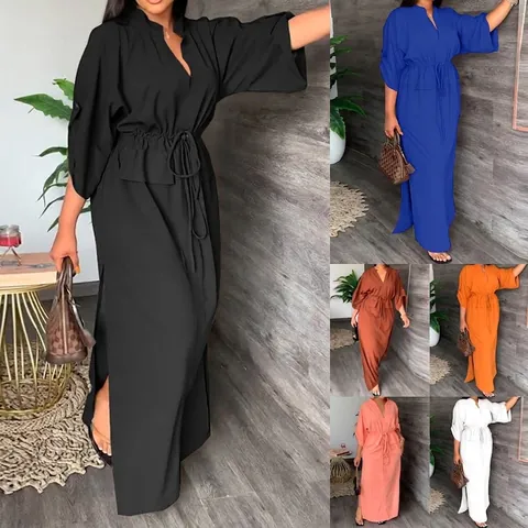 Robe Maxi Élégante à Col en V Pour Femmes Couleur Unie Manche Chauve-Souris Taille Haute Fente Latérale Robe Décontractée