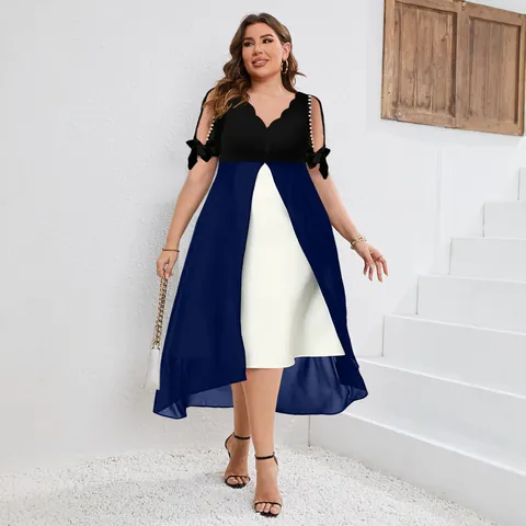 Abito Lungo da Donna con Scollo a V Patchwork a Strati Spalle Scoperte Decorazione con Perle Orlo Irregolare Taglie Forti Estivo