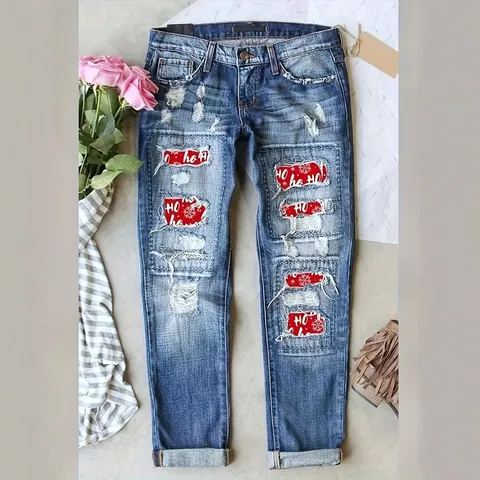 Jeans Distressed Natalizi da Donna Blu Scuro Lavato Pantaloni in Denim a Gamba Dritta Con Fiocco di Neve Ho Ho Ho Stampa Natalizia