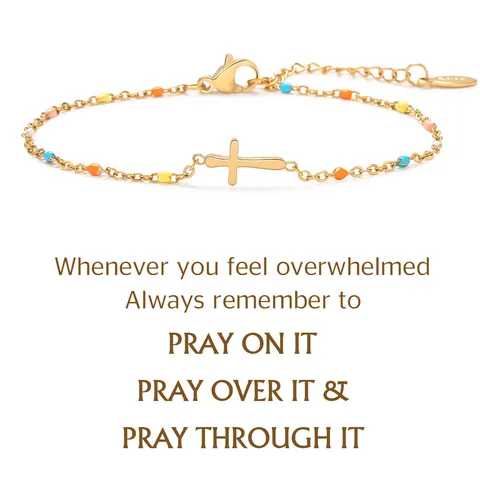 Bohemian Colorful Seed Beads Cross Bracelet For Women Stainless Steel Gold Plated Religious Faith Jewelry Gift With Card