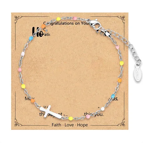 Bohemian Colorful Seed Beads Cross Bracelet For Women Stainless Steel Gold Plated Religious Faith Jewelry Gift With Card