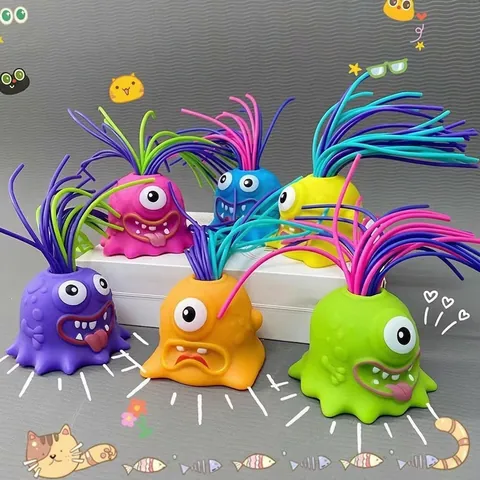 Lustiges Schreiendes Monster Stressabbau Spielzeug Mit Buntem Ziehbarem Haar Klangerzeugendes Leuchtendes Squeeze Sensory Toy