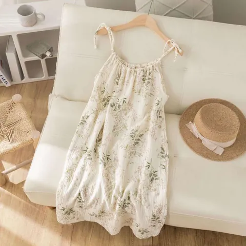 Women Sweet Floral Double Layer Cotton Gauze Strap Nightdress Summer Thin Breathable Sleepwear Home Dress