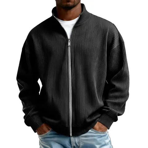 Men Casual Full Zip Up Mock Neck Ribbed Knit Top Polyester Long Sleeve Solid Color Sweatshirt Autumn Winter Outerwear For Men