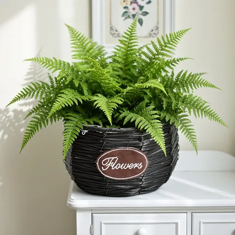 Round Woven Bamboo Flower Basket Black Planter With Waterproof Liner For Succulent Orchid Home Indoor Garden Decorative Basket