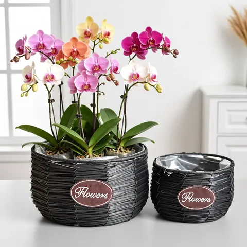Round Woven Bamboo Flower Basket Black Planter With Waterproof Liner For Succulent Orchid Home Indoor Garden Decorative Basket