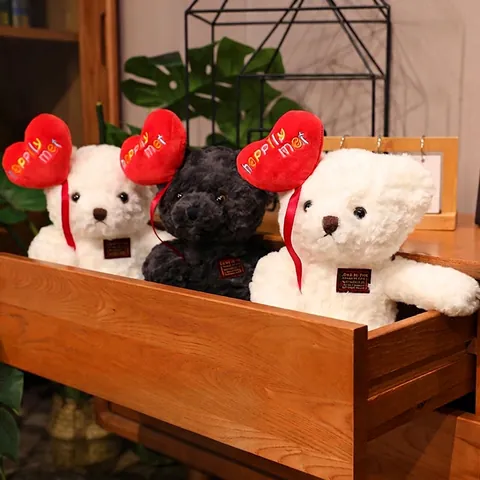 Romantic Teddy Bear Plush Toy With Heart Balloon Embroidery Happily Met Soft Polyester Stuffed Animal Valentine Gift