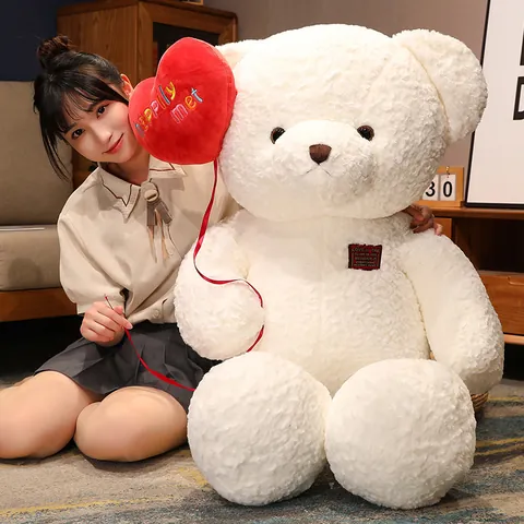 Romantic Teddy Bear Plush Toy With Heart Balloon Embroidery Happily Met Soft Polyester Stuffed Animal Valentine Gift