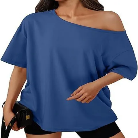 Women Casual Off Shoulder Oversized T-Shirt Polyester One Shoulder Y2K Short Sleeve Loose Top Summer Fashion Tee