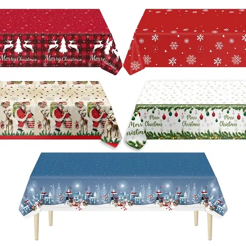 Mantel Desechable de Plástico Navideño Patrón de Copo de Nieve Reno Papá Noel Decoración de Mesa para Fiesta de Invierno