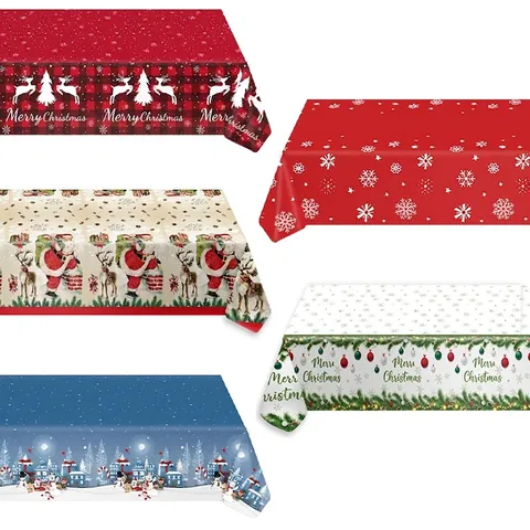 Mantel Desechable de Plástico Navideño Patrón de Copo de Nieve Reno Papá Noel Decoración de Mesa para Fiesta de Invierno