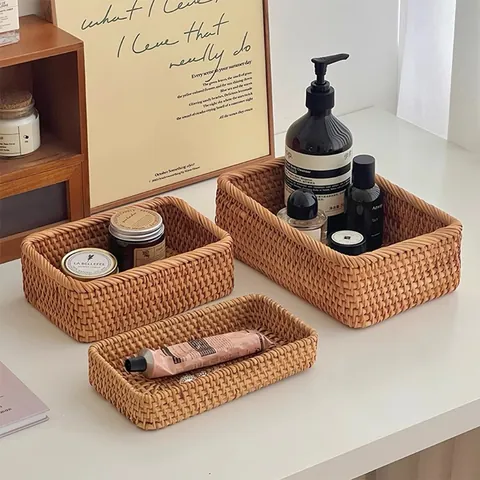 Retro Handgeweven Rotan Opbergdoos Rechthoekige Desktop Organizer Voor Cosmetica Snacks Diversen Natuurlijke Geweven Mand Woondecoratie