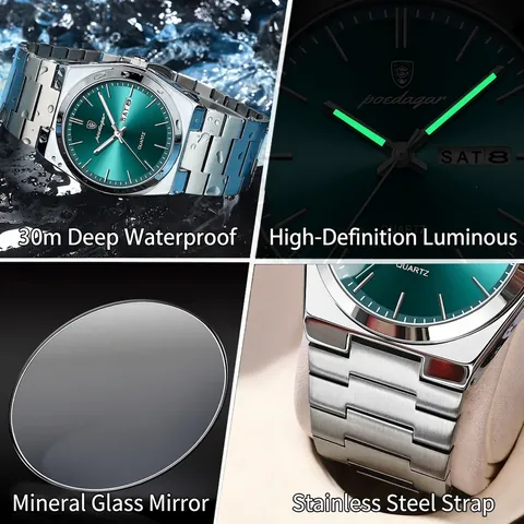 Orologio da Uomo di Lusso al Quarzo Poedagar Cinturino in Acciaio Inossidabile Impermeabile Luminoso Giorno Data Display
