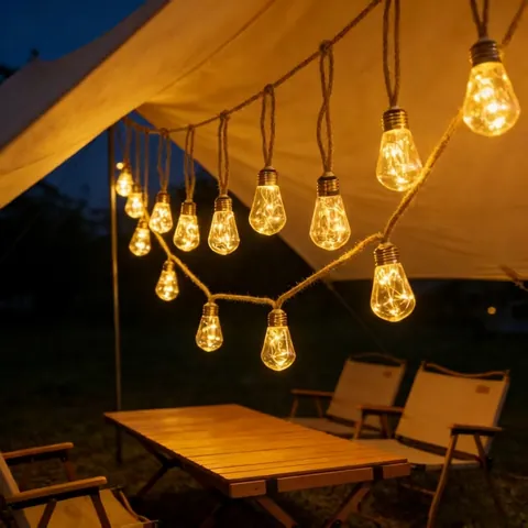 Solar Powered Hemp Rope String Lights Waterproof LED Edison Bulbs For Outdoor Camping Garden Christmas Yard Decoration