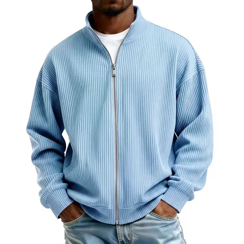 Veste à Capuche Côtelée Entièrement Zippée Homme Demi-Col Haut Couleur Unie Coupe Décontractée Haut en Tricot