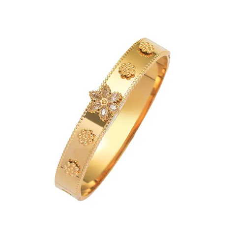 Vintage Gold Plated Stainless Steel Flower Bangle For Women Inlaid Green Gemstone White Zirconia Milgrain Edge Open Bracelet Fashion Jewelry Gift