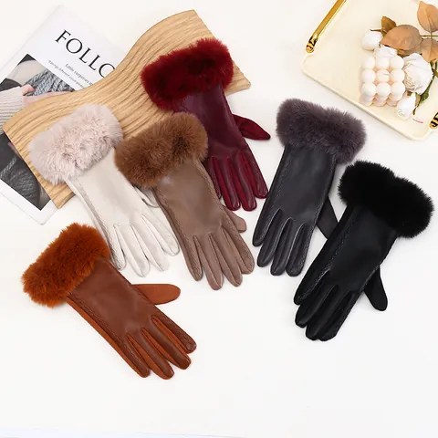 Women Winter Faux Suede PU Leather Patchwork Gloves Warm Fleece Lined Windproof Touchscreen Riding Gloves Faux Fur Trim