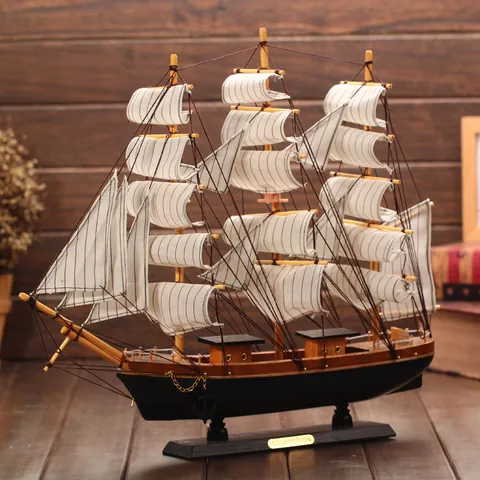 Mediterranean Style Wooden Sailing Boat Model Handmade Nautical Desk Ornament Smooth Sailing Wood Craft Home Office Table Decor Gift