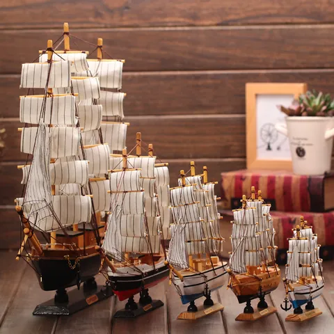 Mediterranean Style Wooden Sailing Boat Model Handmade Nautical Desk Ornament Smooth Sailing Wood Craft Home Office Table Decor Gift
