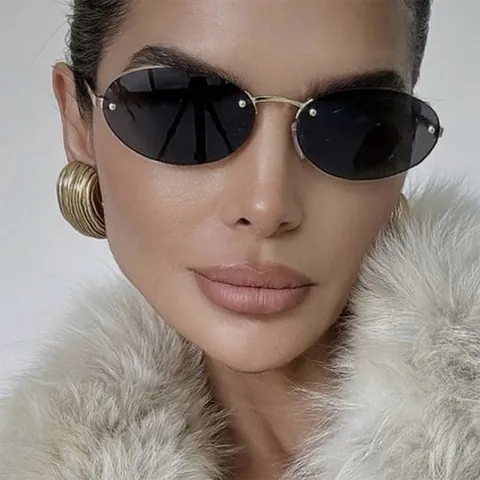 Fashion Rimless Oval Sunglasses For Women Metal Rivet Decor UV400 Protection Street Style Trendy Sunglasses Travel Party Eyewear