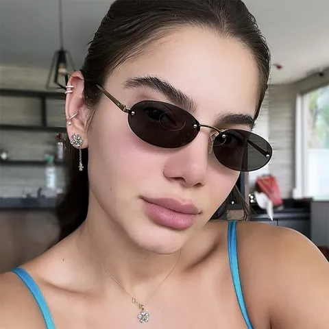 Fashion Rimless Oval Sunglasses For Women Metal Rivet Decor UV400 Protection Street Style Trendy Sunglasses Travel Party Eyewear