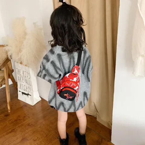 Kids Chest Bag Crossbody Waist Pack Nylon Waterproof Dinosaur Pattern 3D Cartoon Patch Adjustable Strap For Boys Girls