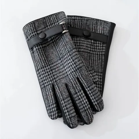 Herren Britisch Business Kariert Wollstoff Winterhandschuhe Fleece Gefüttert Warm Touchscreen Autofahrerhandschuhe Mit Kunstleder Besatz