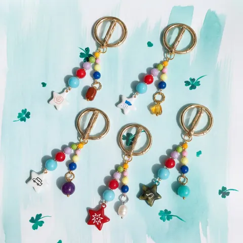 Boho Kralen Sleutelhanger Tasbedeltje Voor Dames 18K Verguld Hars Bloem Ster Hart Hanger Mode Sieraden Accessoires