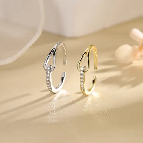 Koreanischer Stil Knoten Zirkonia Offener Ring Für Damen Kupfer Einfach Strass Hohl Ineinandergreifend Einstellbar Ring Schmuck