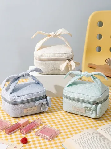 Jacquard Bloemen Cosmetische Tas Dames Draagbare Make-up Tas Met Strik Handvat Borduurwerk Toilettas Koreaanse Stijl