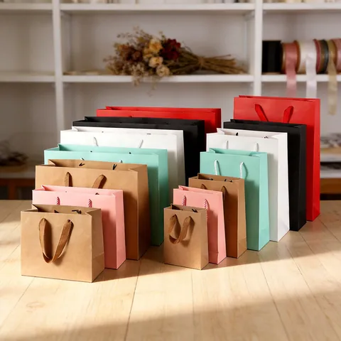 Paper Gift Bags With Handles Multi Color Kraft Shopping Bags For Packaging Boutique Wedding Party Gift Wrapping Plain Solid Color