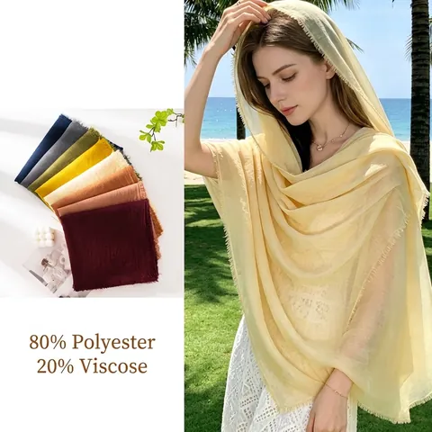 Women Minimalist Polyester Crinkled Scarf Long Solid Color Tassel Shawl Lightweight Sun Protection Scarf For Summer Beach Travel