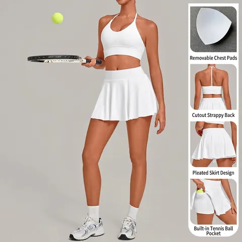 Women Halter Sports Bra And Pleated Tennis Skirt Set Athletic High Waist Yoga Top And Bottom For Gym Workout Running
