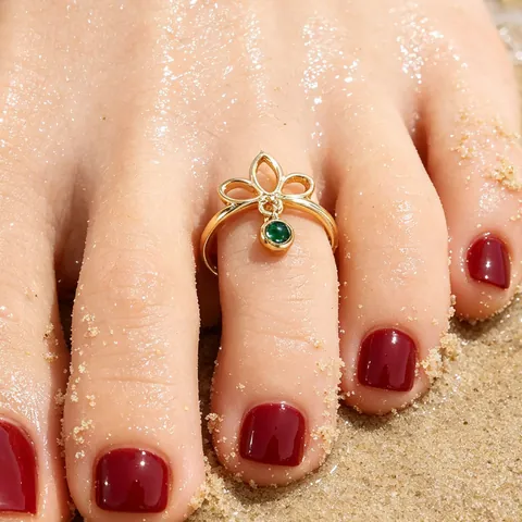 Retro Hohl Lotus Zehenring Für Damen Böhmisch Gold Silber Plattiert Grün Strass Anhänger Verstellbarer Strand Fußschmuck