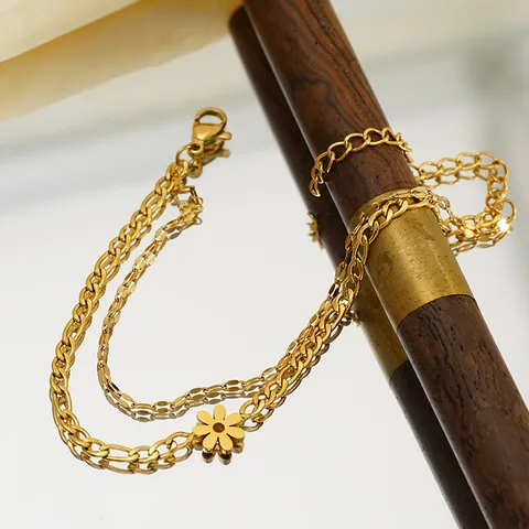 Double Layer Anklet 18K Gold Plated Titanium Steel Flower Pendant Figaro Cuban Chain Fashion Jewelry For Women