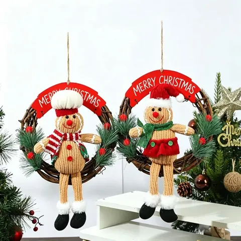 Corona De Navidad Hombre De Jengibre Guirnalda Mimbre Decoración Muñeca Punto Feliz Navidad Pared Hogar Ornamento