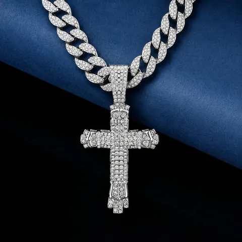 Hip Hop Kreuz Anhänger Halskette Zinklegierung Iced Out Straßstein Cuban Gliederkette Bling Streetwear Schmuck Für Männer