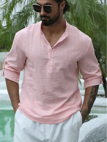 Herren Vintage Henley Hemd 100% Baumwolle Langarm Casual Lockere Passform Einfarbig Sommer Atmungsaktiv Pullover Top