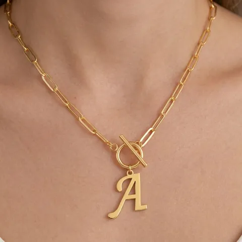 Fashion Initial Letter Pendant Necklace Copper Paperclip Chain Toggle Clasp Necklace For Women Commuter Jewelry Gift